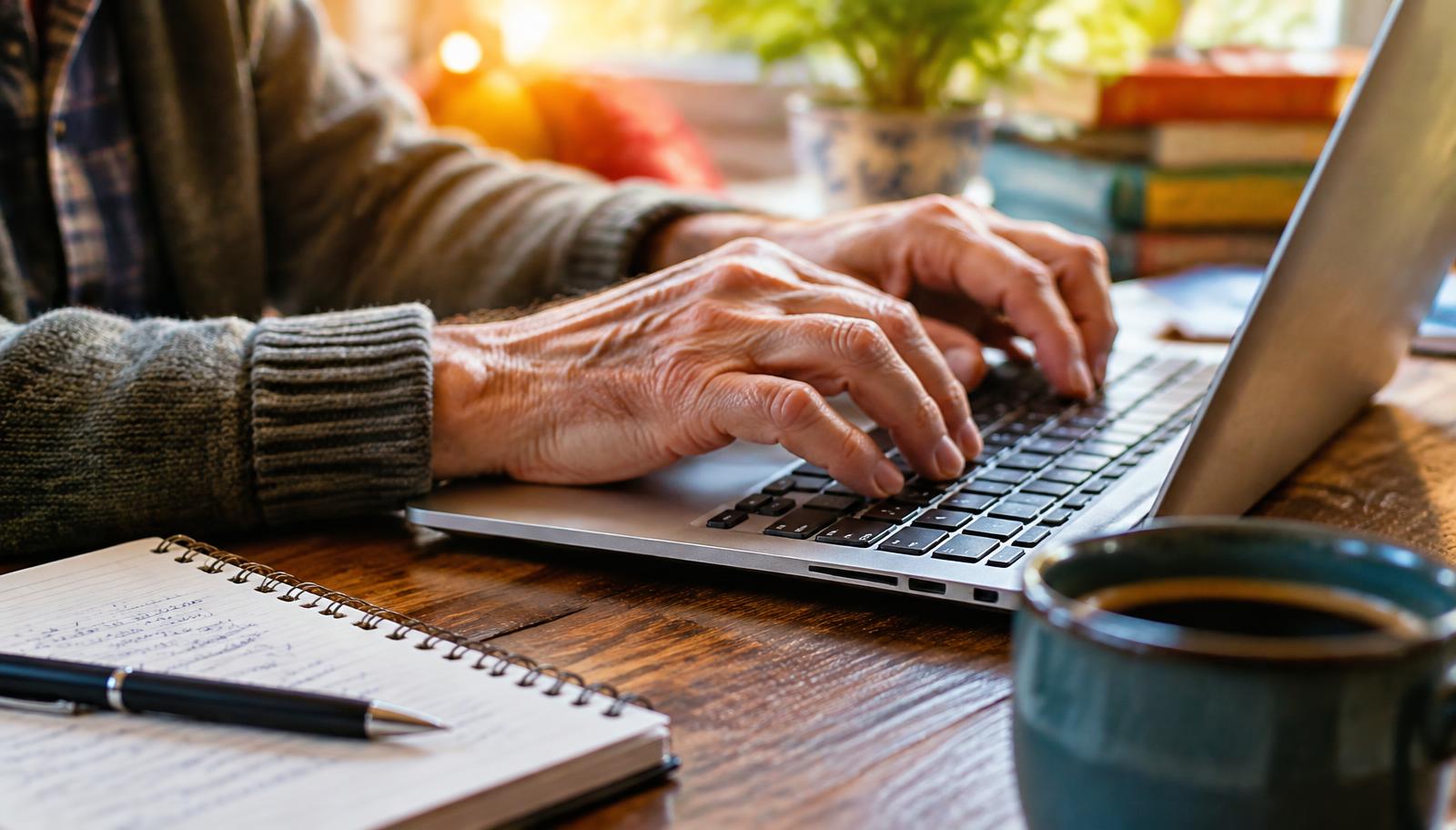 Close-up of an older adult's hands typing on a laptop beside a notebook