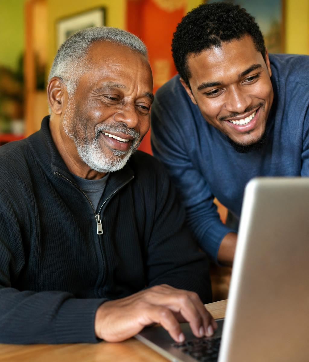 A smiling older man learning to use a laptop with a younger helper leaning in