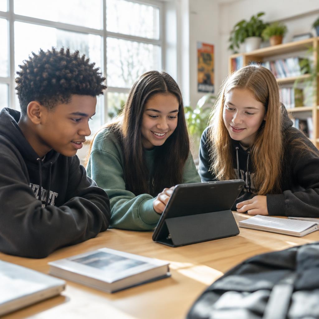 Teenagers smiling while reading and learning on a tablet together